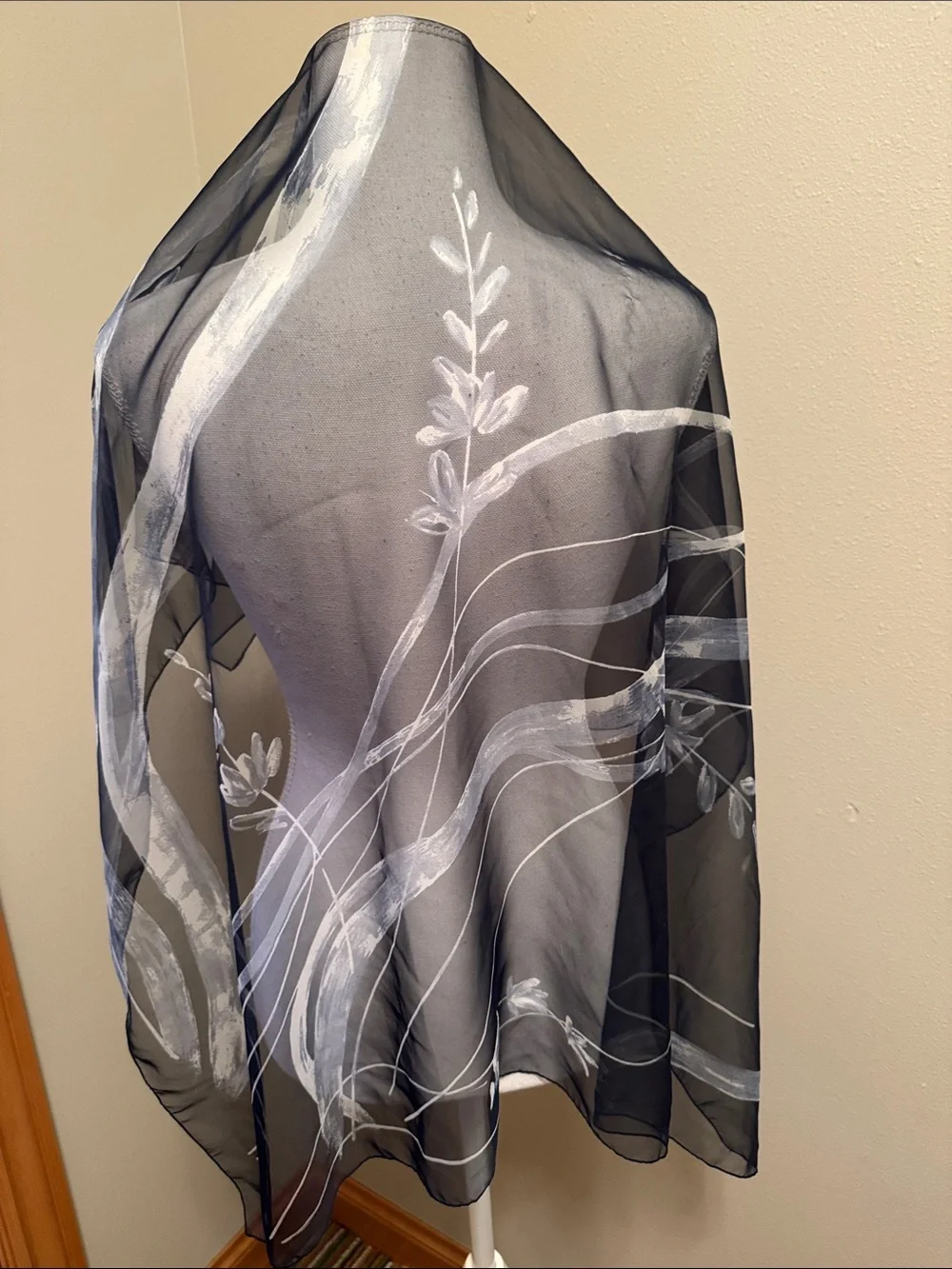 Navy Blue Sheer Scarf with White Abstract Floral Brushstrokes